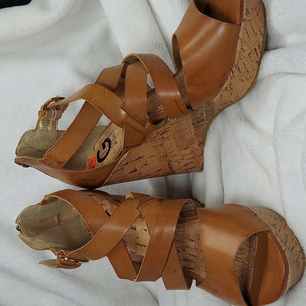 Guess Brown Strappy Cork Wedge Sandals Womens  Sz 9.5